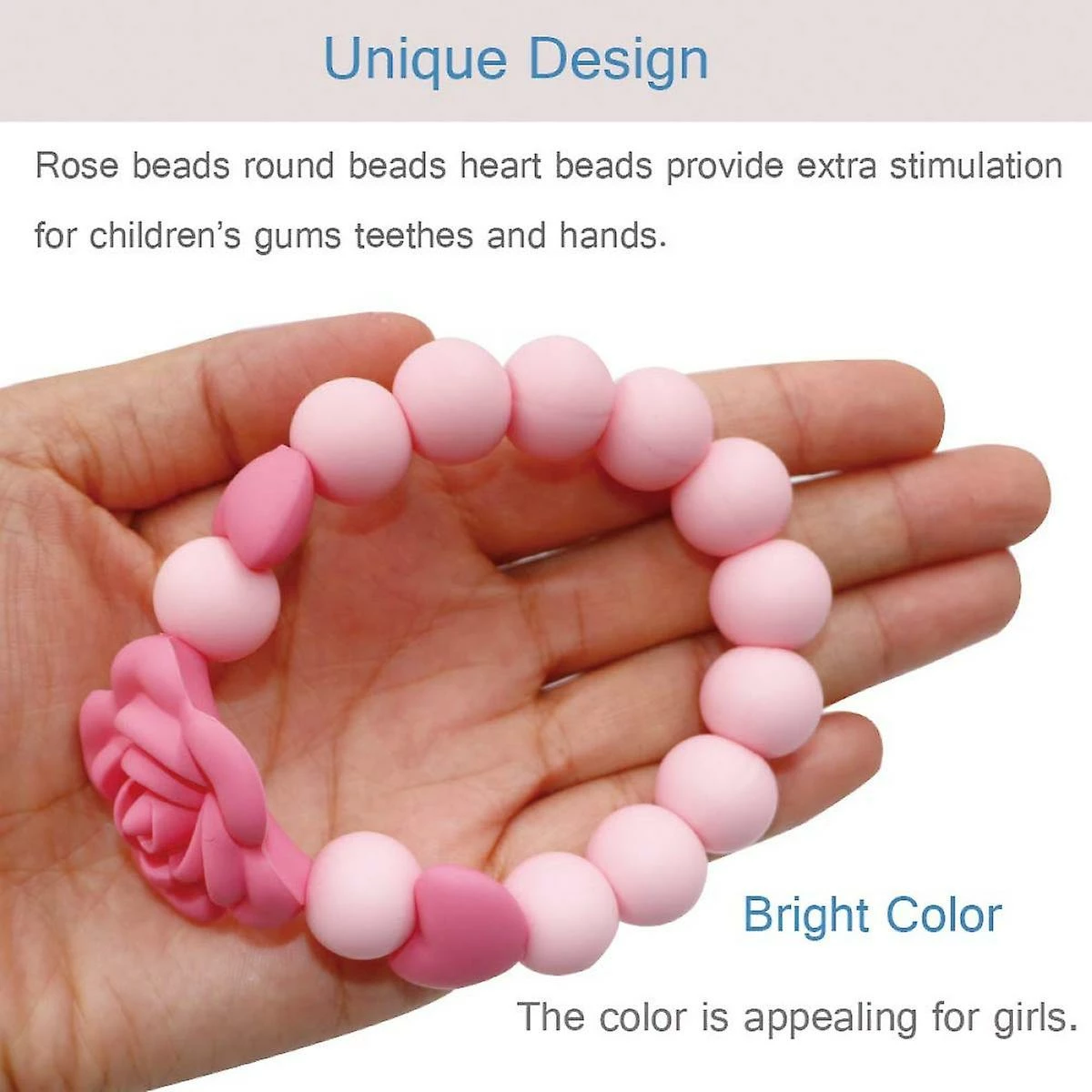 Unbranded Sensory Chew Bracelet For Baby, Teething Beads Bracelet For Girls, Silicone Teether Ring Pink Rose Chewing Toys For Toddlers And Infant - Image 4
