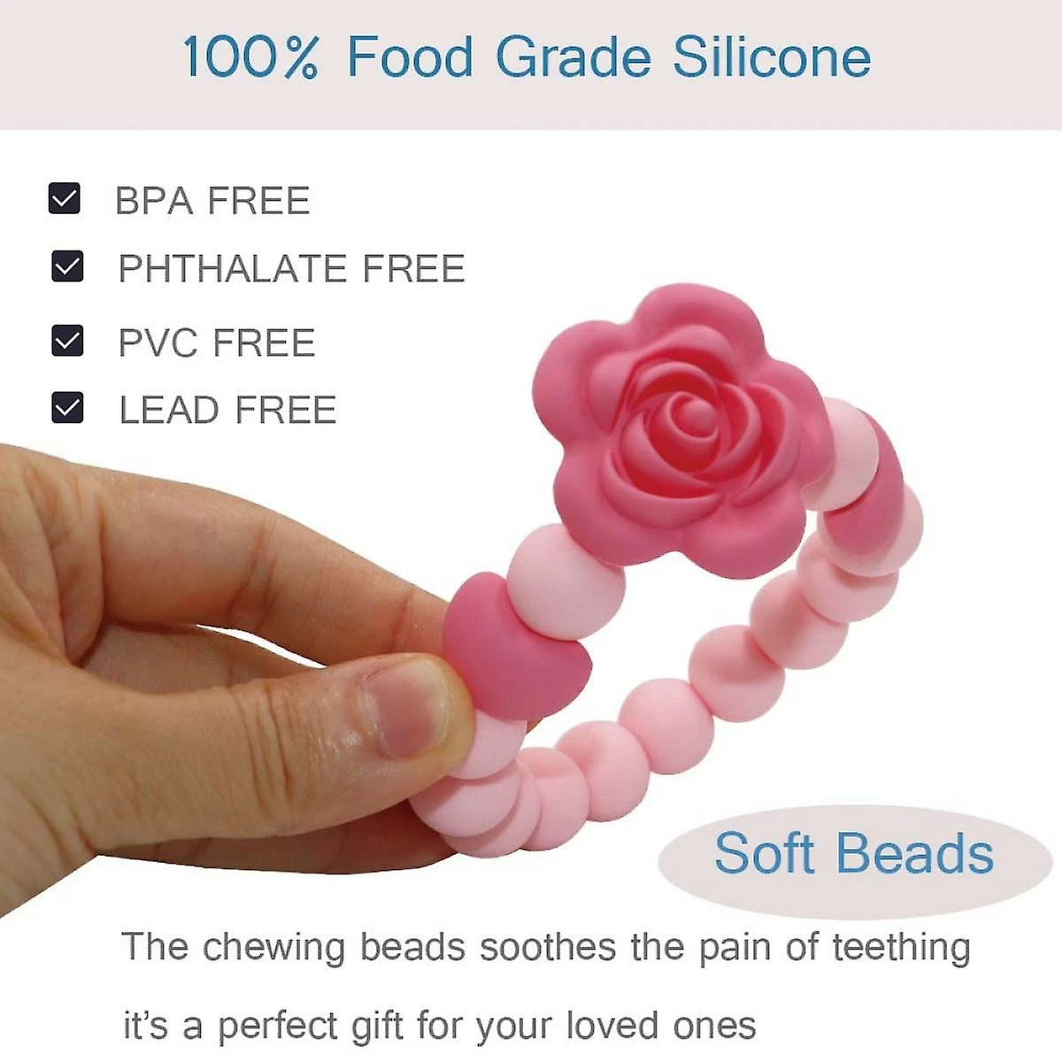 Unbranded Sensory Chew Bracelet For Baby, Teething Beads Bracelet For Girls, Silicone Teether Ring Pink Rose Chewing Toys For Toddlers And Infant - Image 5