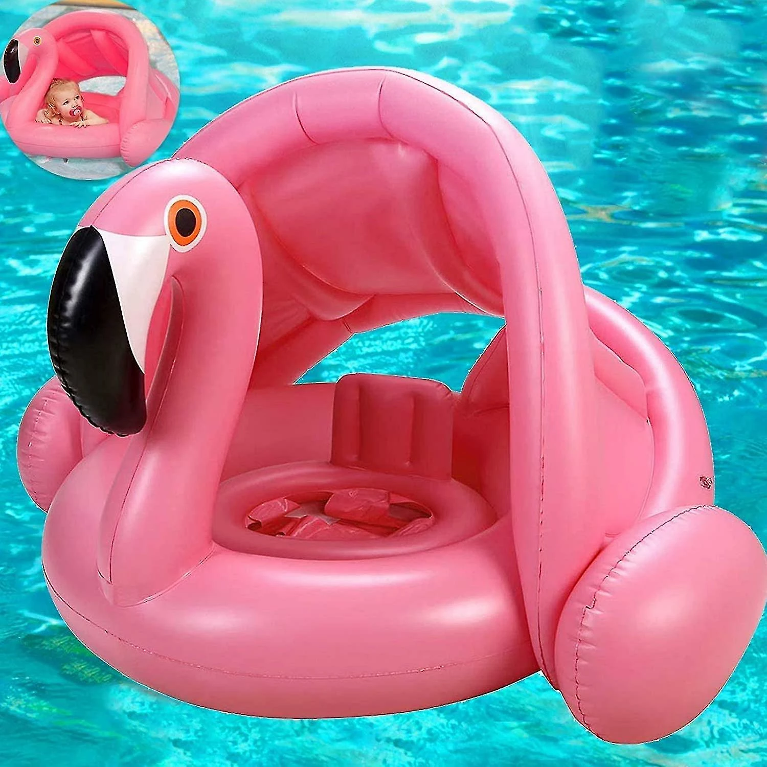 Unbranded Sunshine Smile Swimming Ring Flamingo, Baby Swimming Ring Inflatable, Baby Swimming Ring With Sun Protection, Baby Swimming, Baby Swimming Trainer, In