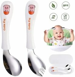 Unbranded Kids Cutlery Set, Baby Spoon Fork Baby Tableware Set Curved Handle Training Spoons Forks For Baby Kids