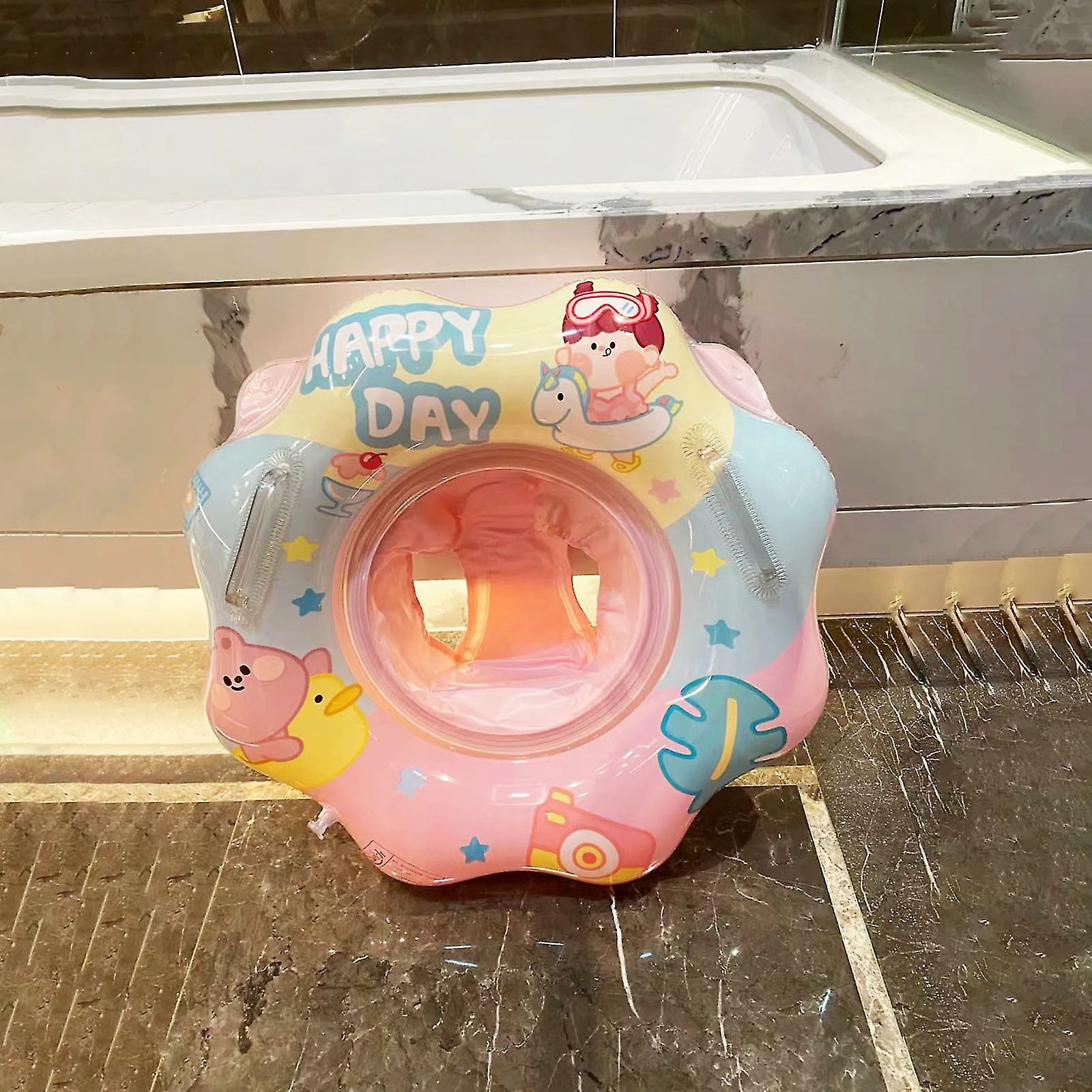 Unbranded Swim Ring Sponge Base For 1-5 Year Old Baby With Dual Handle Pool Float 190g Multicolor Ocean Style Colorful Inflatable - Image 3