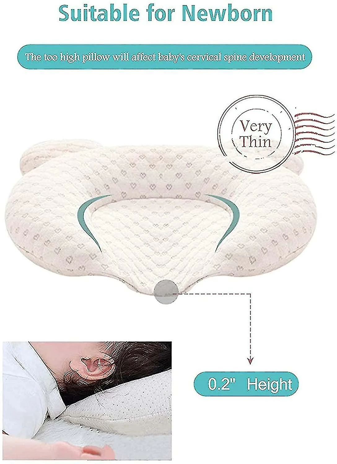 Mryenc Muitar Soft Baby Nursery Pillows Unisex Newborns Head Shaping Infant Support Sleeping Head Sleep Pillows With Bear Ears (beige) - Image 5