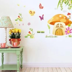 Liangnv Heytea Cartoon Dancing Butterflies Around Mushroom House & Flowers Plants Removable Wall Sticker Decal, Children Kids Baby Home Room Nursery Diy Decor