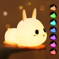 Unbranded Kids Night Light, 7 Colors Baby Rabbit Night Light, Tap Control Dimmable Rechargeable Kids Bedside Lamp, Timed Led Silicone Portable Night Light For G