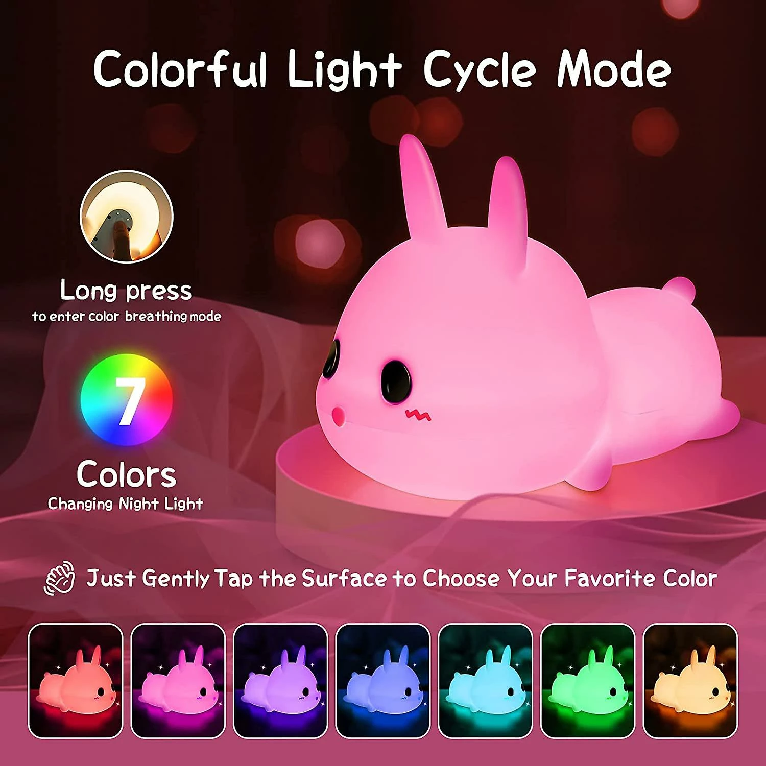 Unbranded Kids Night Light, 7 Colors Baby Rabbit Night Light, Tap Control Dimmable Rechargeable Kids Bedside Lamp, Timed Led Silicone Portable Night Light For G - Image 2