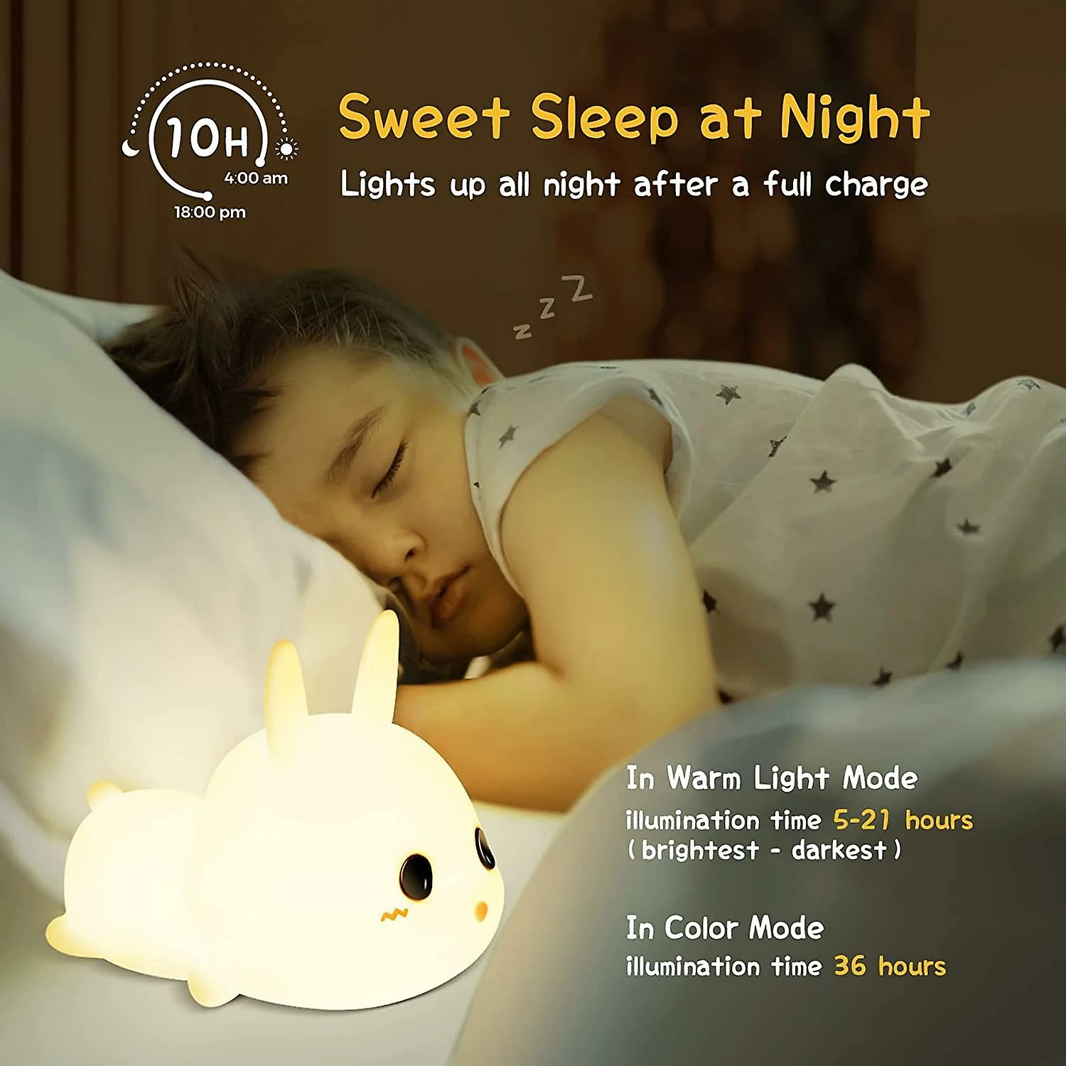 Unbranded Kids Night Light, 7 Colors Baby Rabbit Night Light, Tap Control Dimmable Rechargeable Kids Bedside Lamp, Timed Led Silicone Portable Night Light For G - Image 3