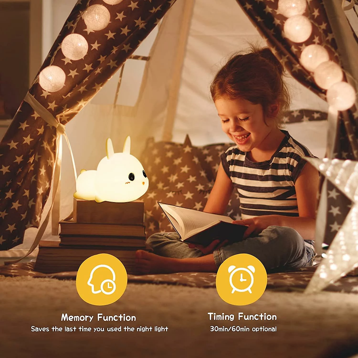 Unbranded Kids Night Light, 7 Colors Baby Rabbit Night Light, Tap Control Dimmable Rechargeable Kids Bedside Lamp, Timed Led Silicone Portable Night Light For G - Image 5