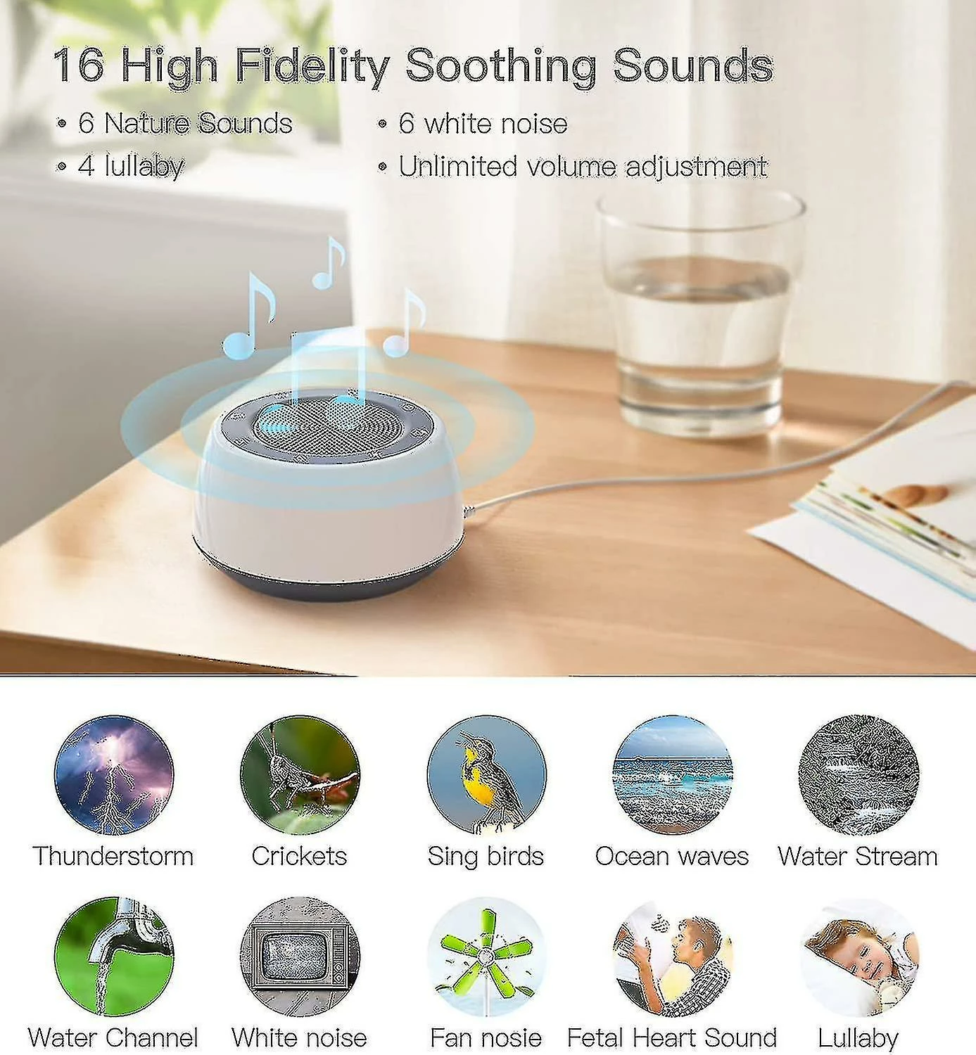 White Noise Machine For Sleeping Baby Adults Kids, Sound Machine With Night Light, 16 Soothing Sounds-
