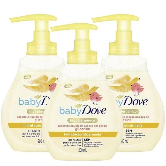 Kit 3 Sabonetes Líquido Baby Dove Hidratação Glicerinada Da Cabeça Aos Pés 200ml