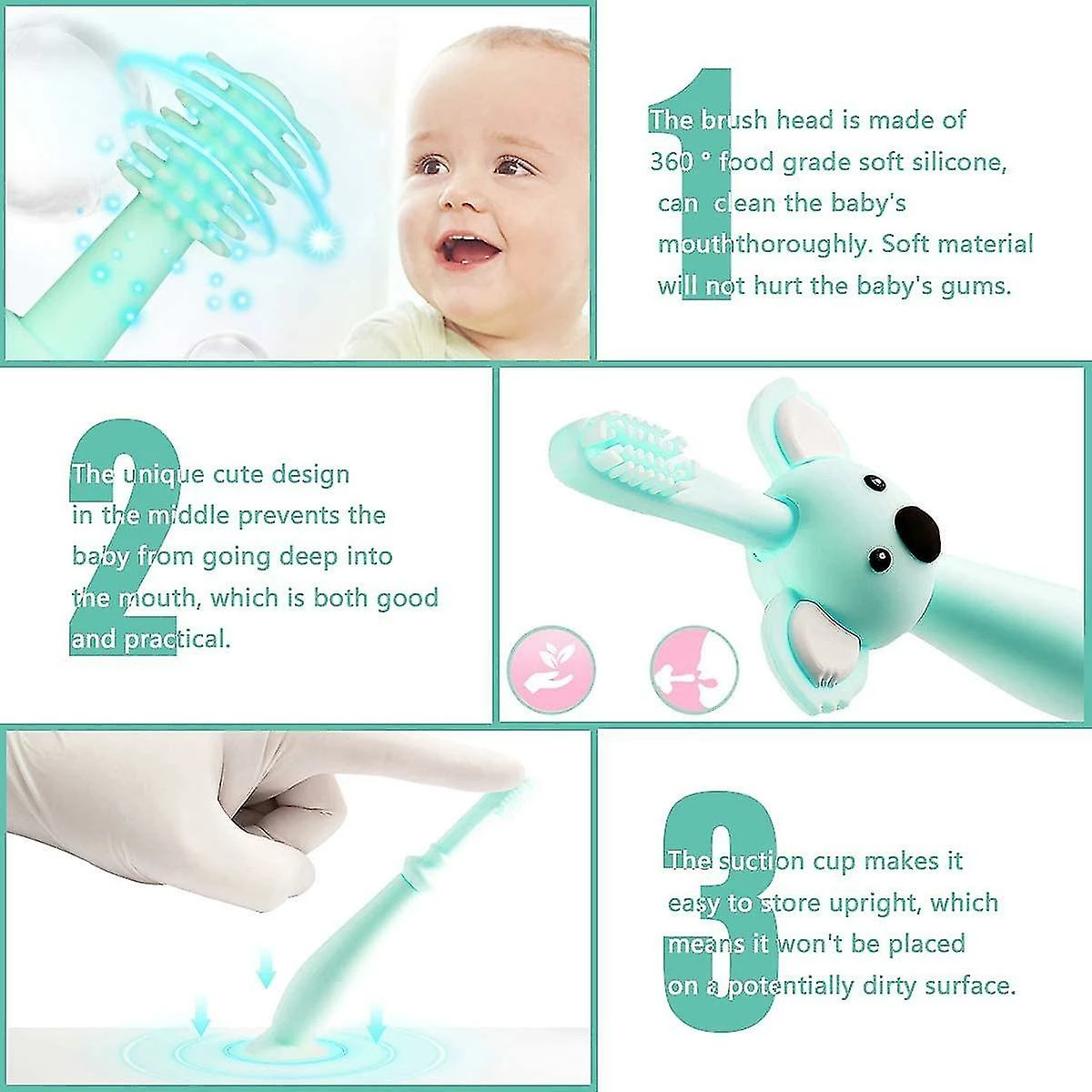 Unbranded Baby And Toddler Toothbrush, Food Grade Silicone Soft Infant Toddlers Toothbrush With Replacement Heads Cute Koala Design, Baby Oral Care Set For 0-3 - Image 4