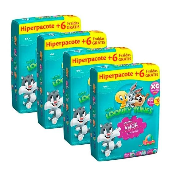 Kit 2 Fralda Baby Looney Tunes Tamanho XG Pacote Hiper 44 Fraldas Cada