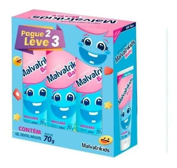 Kit Gel Dental Infantil Malvatrikids Baby Anticárie Tutti-Frutti Com 3 Unidades