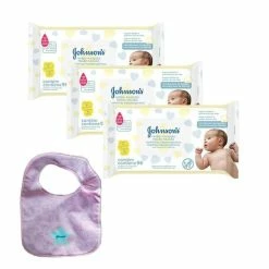 Kit Johnson's Baby Toalhinhas Recém-Nascido 288 Unidades + Babador Johnson Rosa
