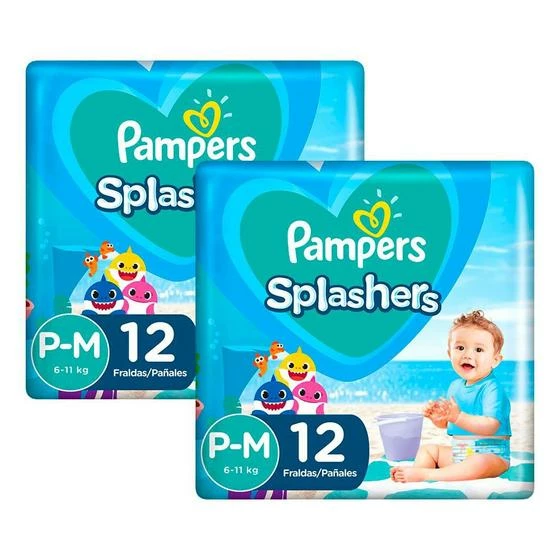 Pampers® Kit 24 Fraldas Pampers Para Água Splashers Baby Shark P-M